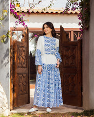 FLOWERED CHIFFON DRESS-BLUE