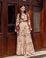 pattern chiffon dress-BEIGE