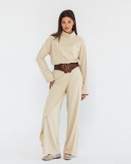 WIDE LEG PANTS WITH WRAP WAIST-BEIGE