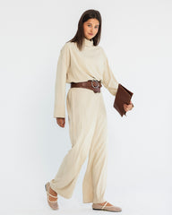 WIDE LEG PANTS WITH WRAP WAIST-BEIGE