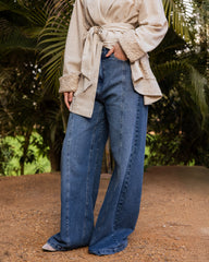 STRIPED EFFECT DENIM PANTS-BLUE