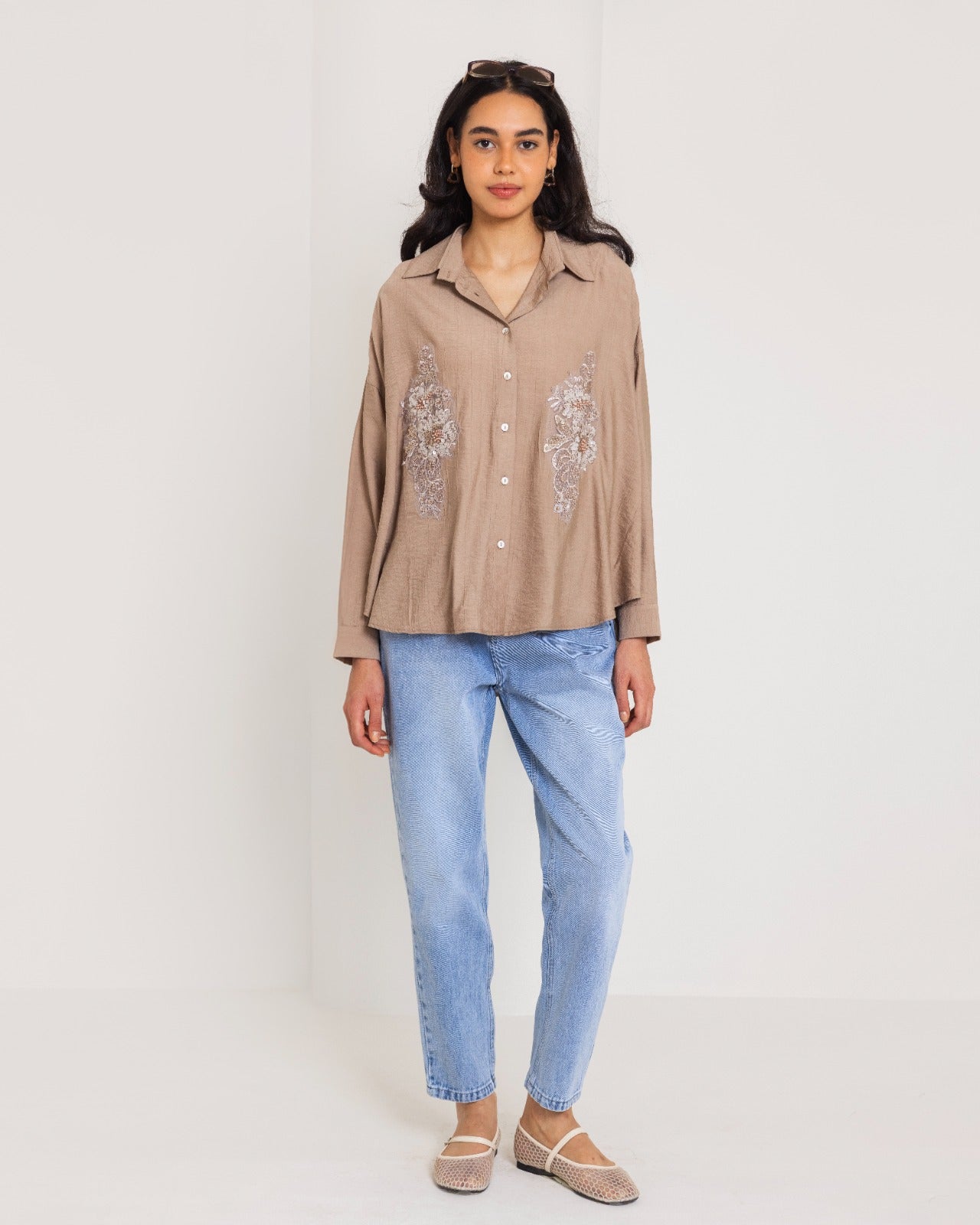 CRINKLE OVERSIZED SHIRT-CAFE