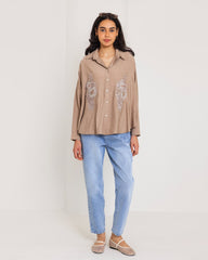 CRINKLE OVERSIZED SHIRT-CAFE
