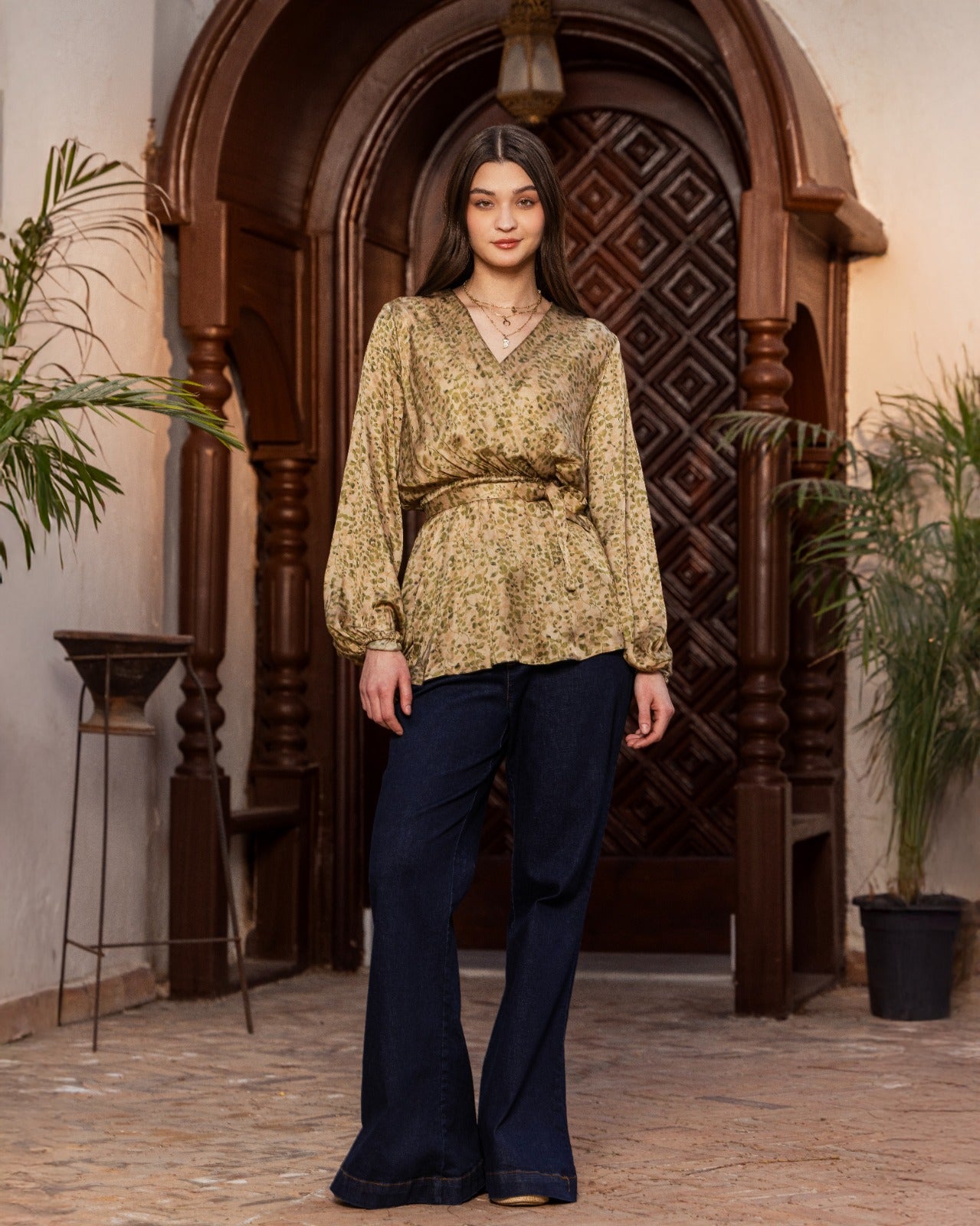 FLOWERED wrapped BLOUSE-OLIVE