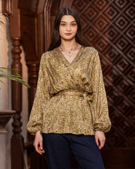 FLOWERED wrapped BLOUSE-OLIVE