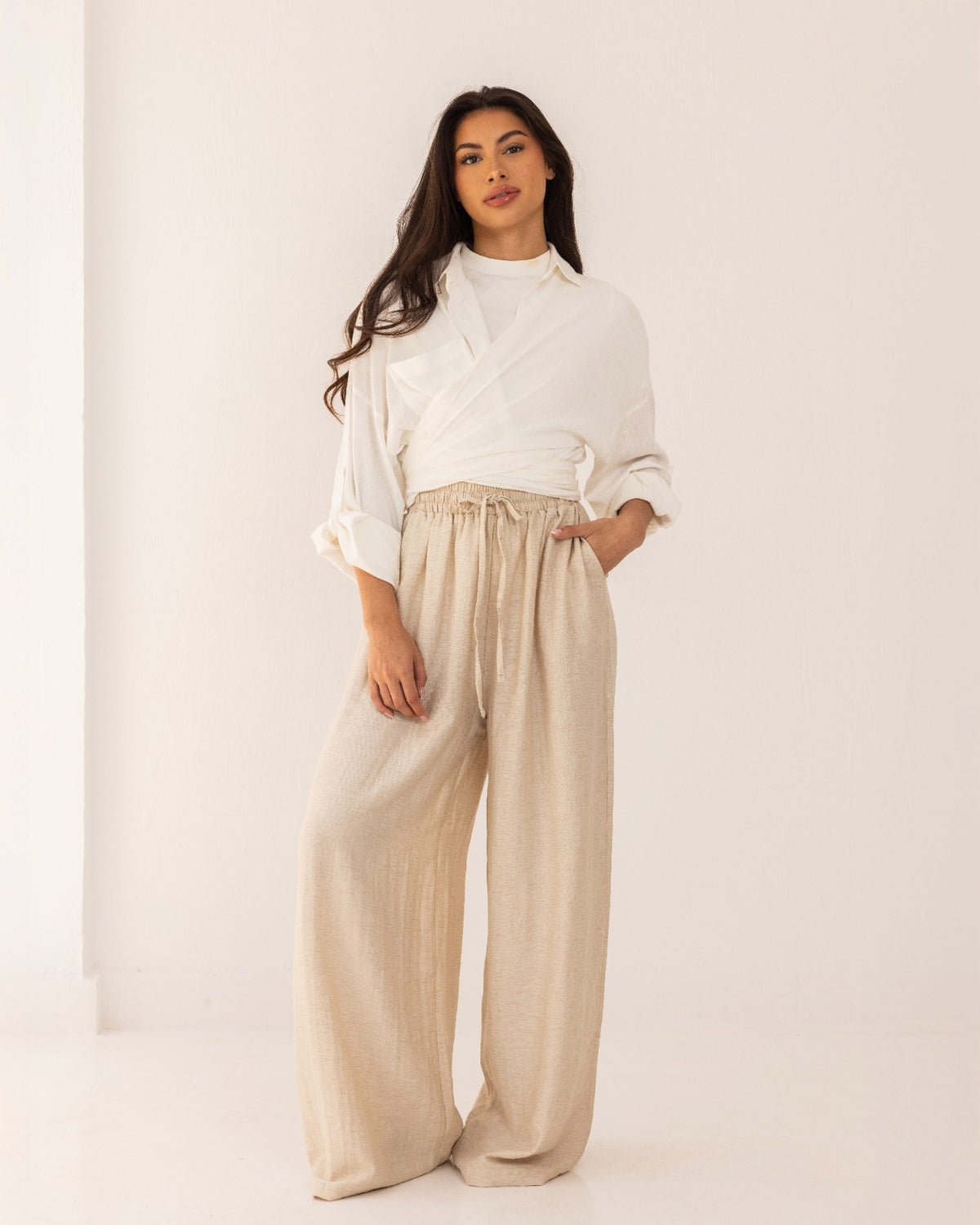 STRAIGHT LINEN PANTS-BEIGE