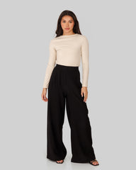 plain wide leg pants-BLACK
