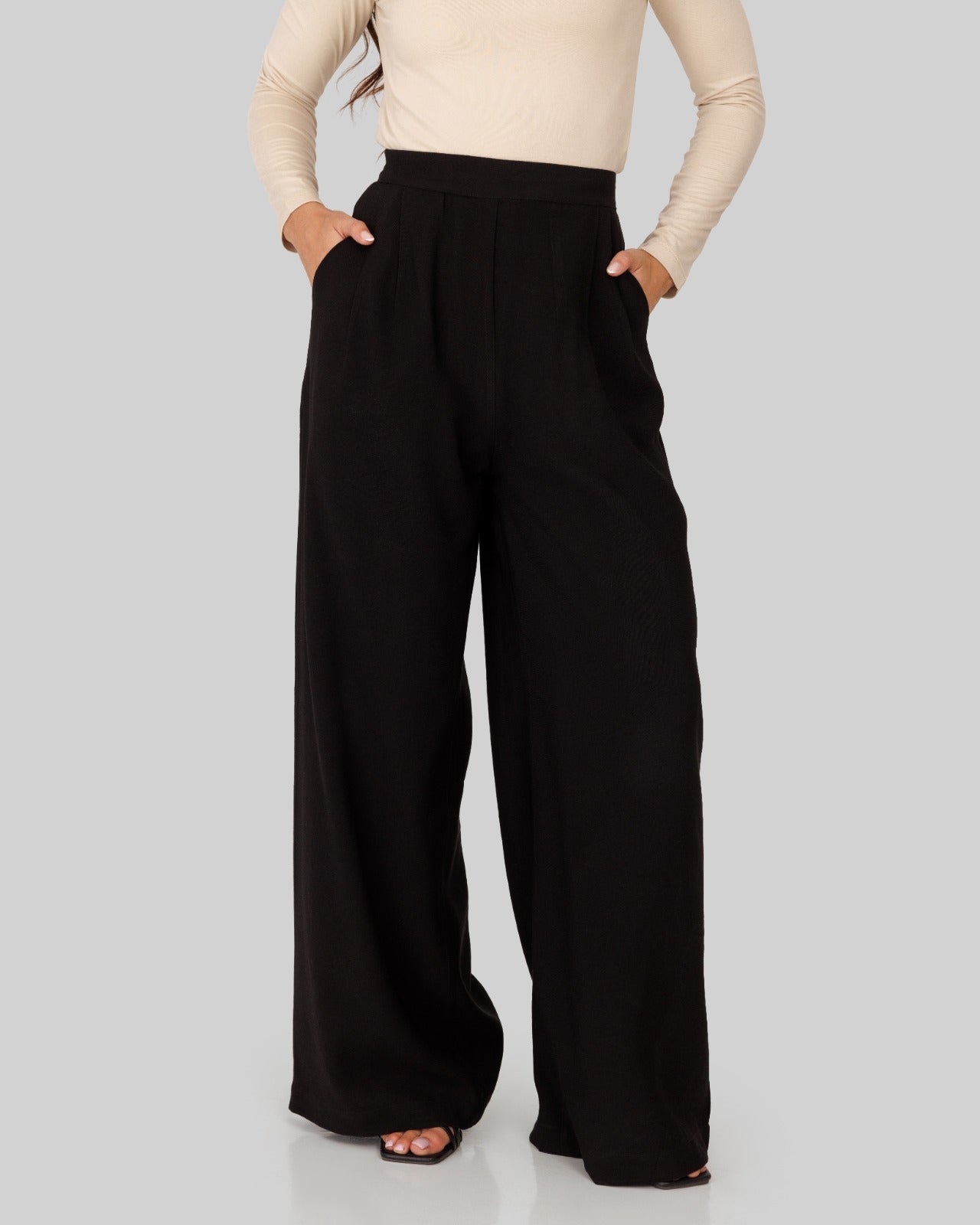 plain wide leg pants-BLACK