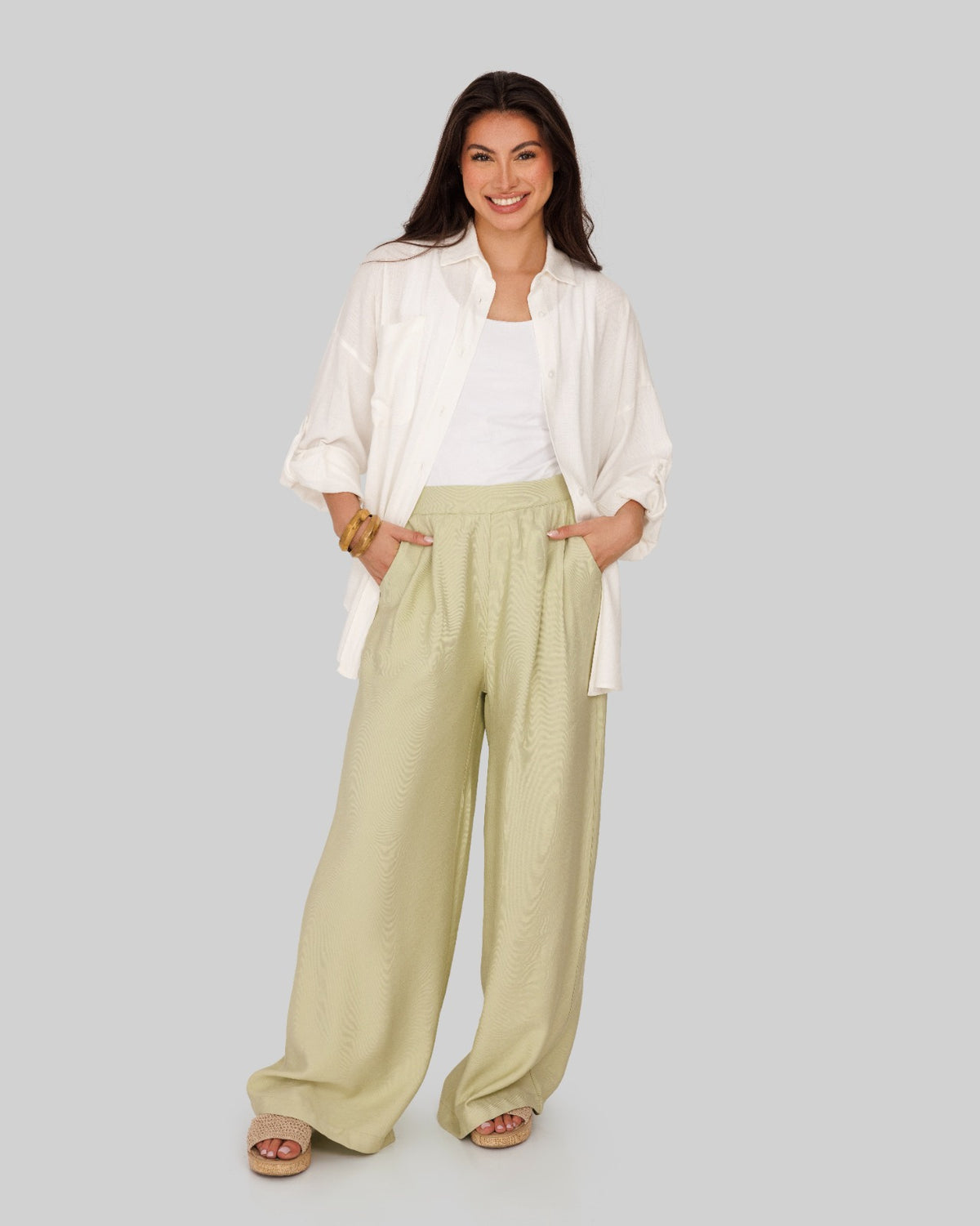 plain wide leg pants-Light Green