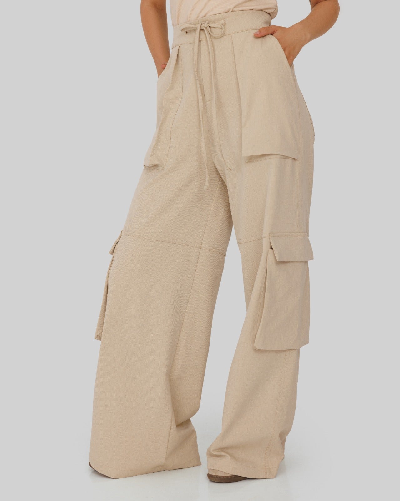cargo wide leg pants-BEIGE