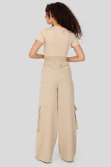 cargo wide leg pants-BEIGE