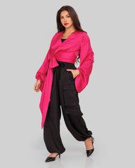 cargo satin pants-BLACK
