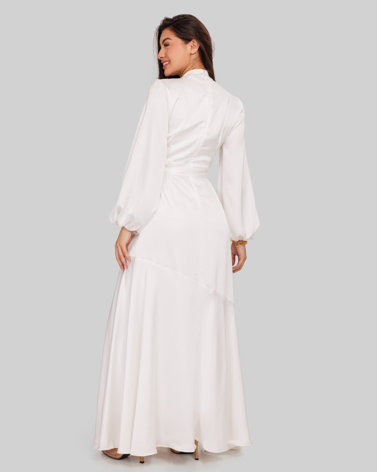 RUFFLE SATIN DRESS-WHITE
