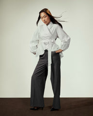 STRIPPED WIDE LEG PANTS-GRAY