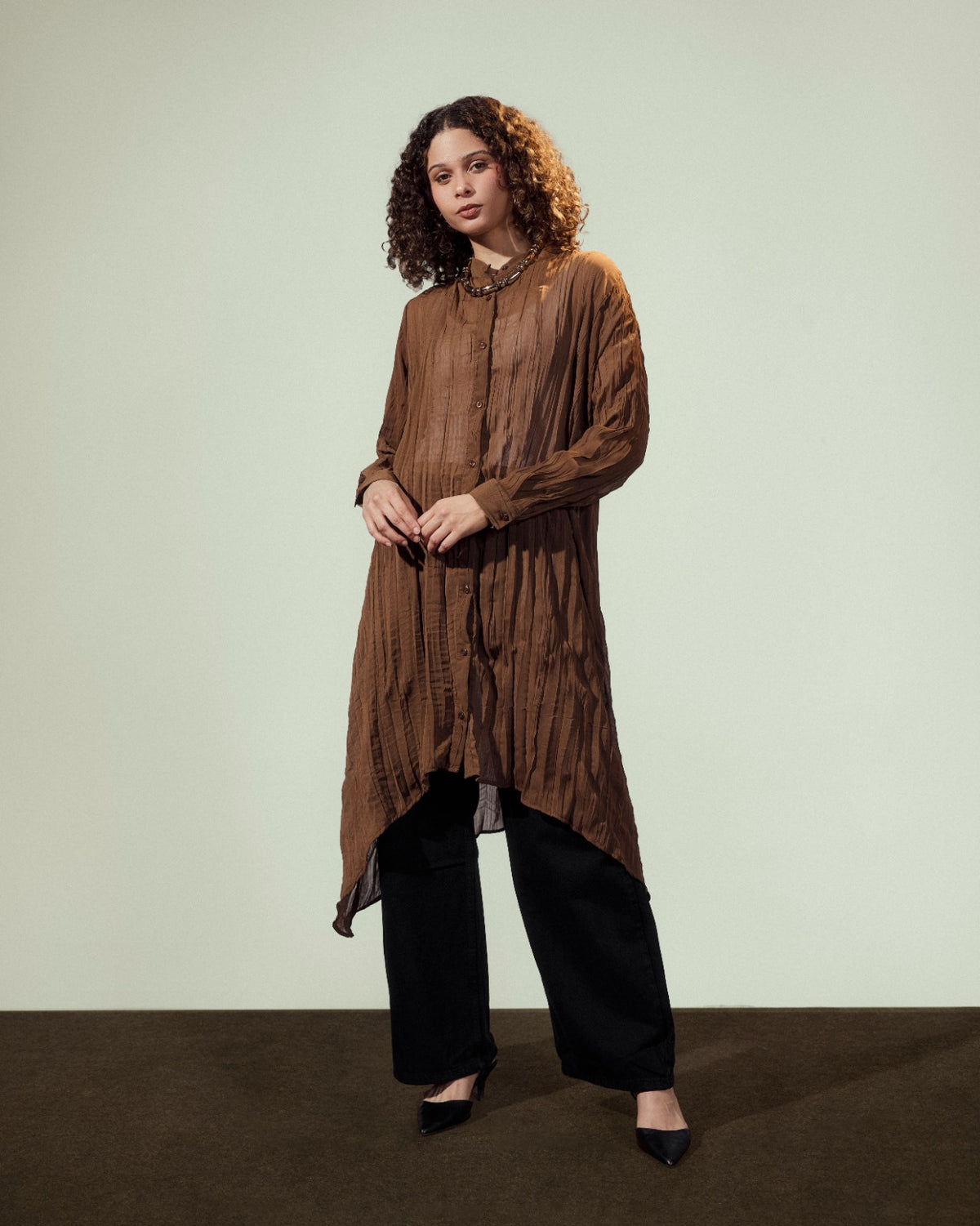 high low chiffon shirt-BROWN