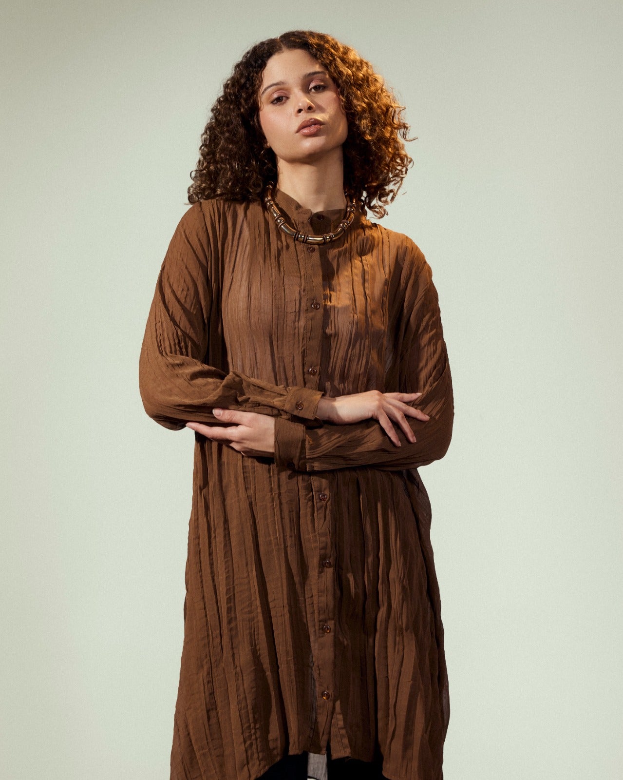 high low chiffon shirt-BROWN