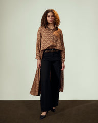 HIGH LOW SATIN BLOUSE-BROWN