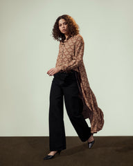 HIGH LOW SATIN BLOUSE-BROWN
