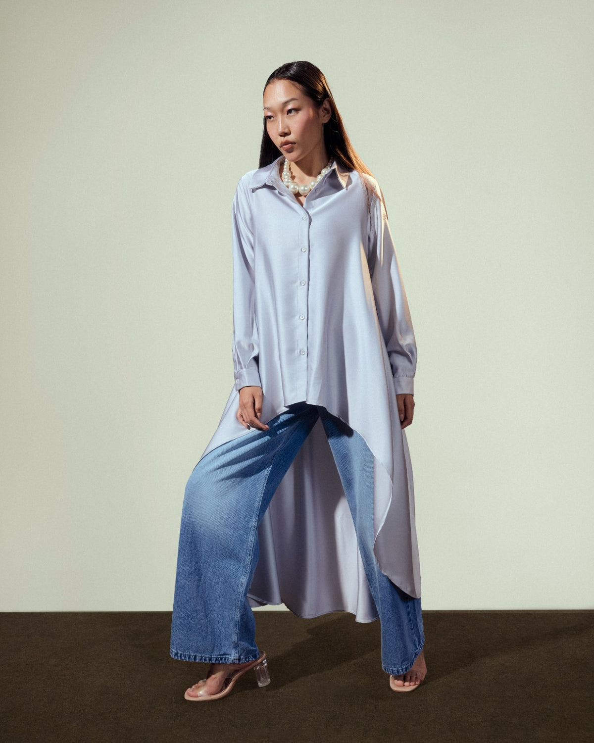 HIGH LOW SATIN BLOUSE-GRAY