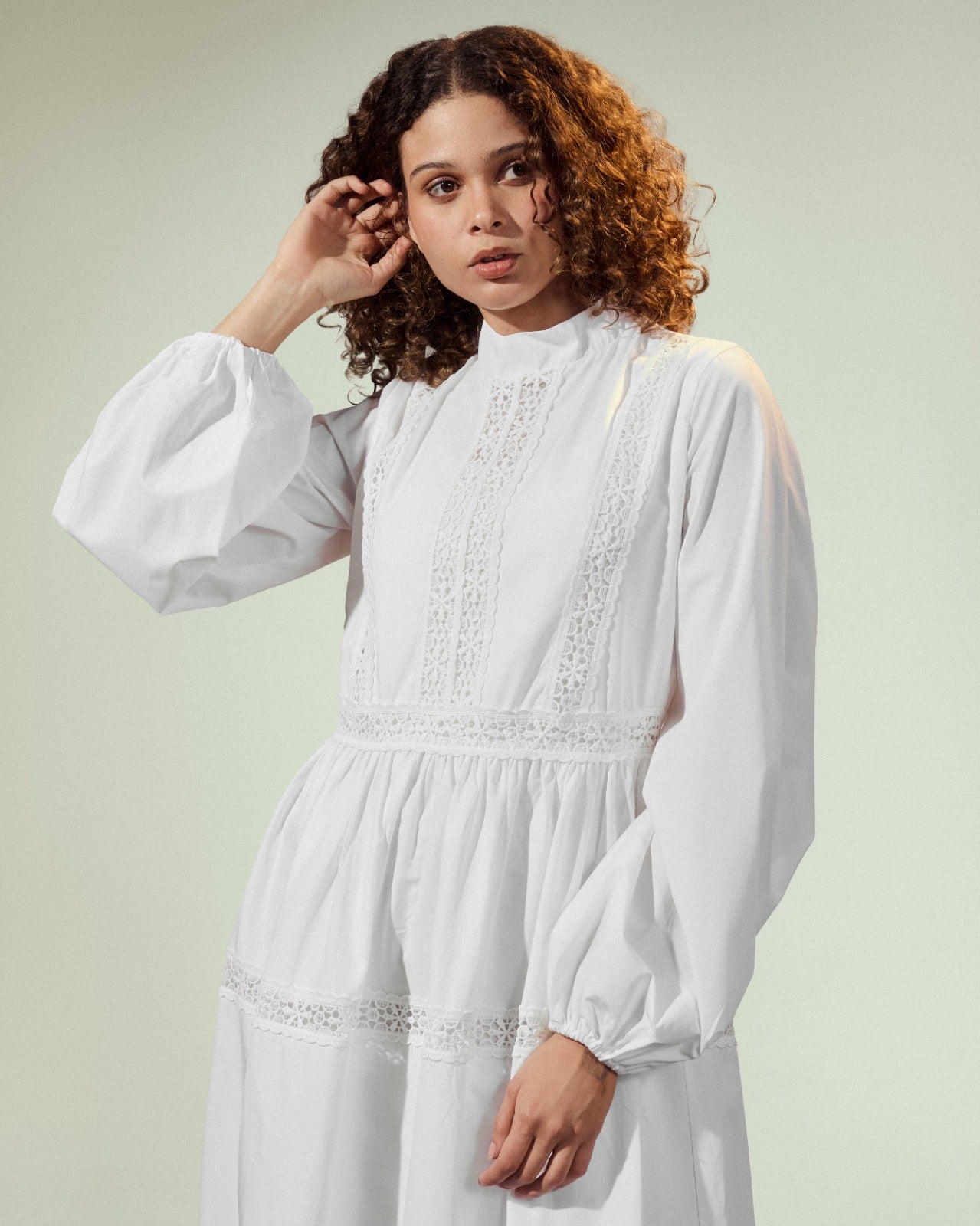 laceribbon poplin DRESS-WHITE