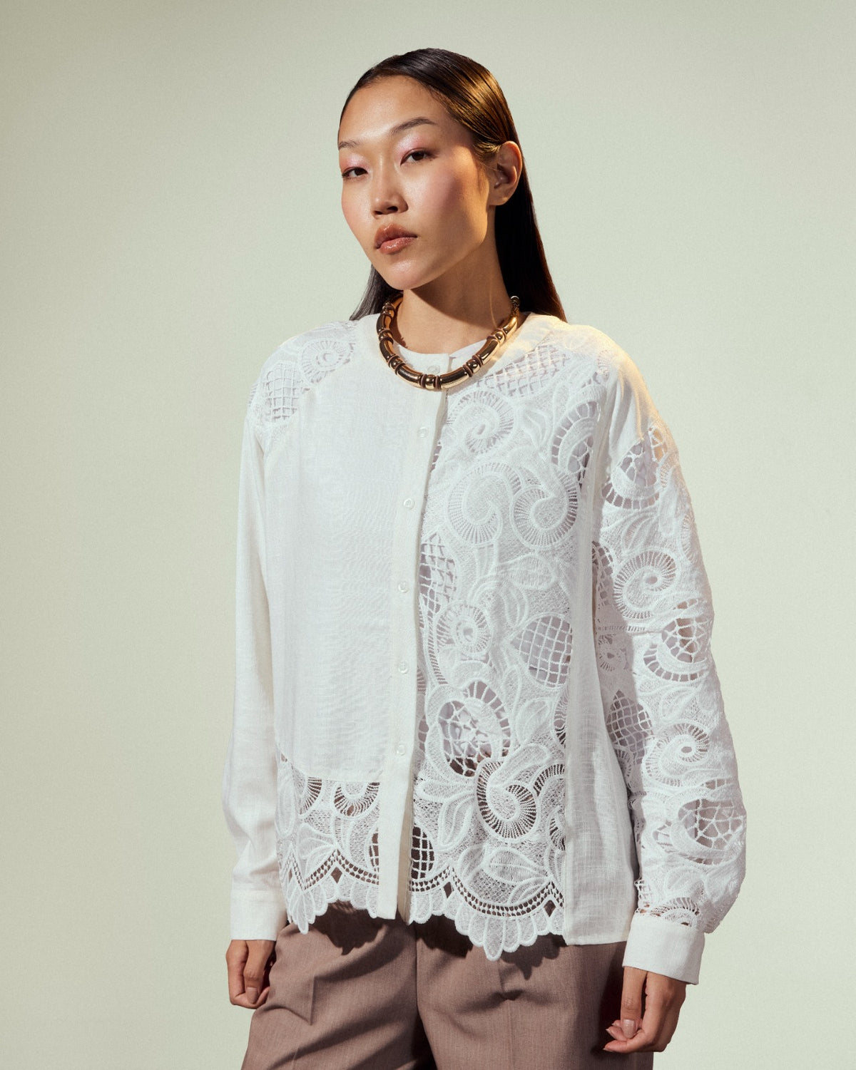 CUTWORK LINEN BLOUSE-OFF WHITE