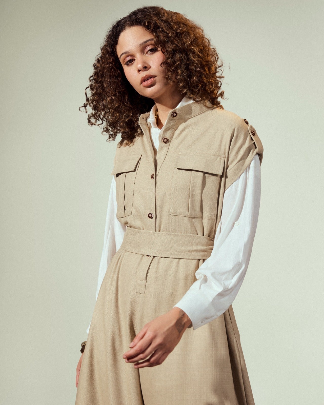 SLEEVELESS LINEN jUMPSUIT-BEIGE