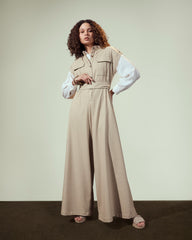 SLEEVELESS LINEN jUMPSUIT-BEIGE