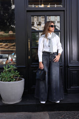 STRIPPED WIDE LEG DENIM PANTS-BLACK