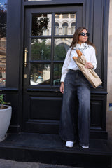 STRIPPED WIDE LEG DENIM PANTS-BLACK