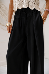 Wide-Leg Drawstring Pants -BLACK