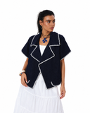 Crochet-Trimmed Denim JACKET -DARK BLUE