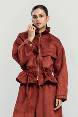 DRAWSTRING SUEDE JACKET -OLIVE