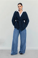 BELTED KNIT CARDIGAN -BLUE