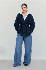 BELTED KNIT CARDIGAN -BLUE