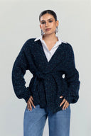 BELTED KNIT CARDIGAN -BLUE