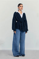 BELTED KNIT CARDIGAN -BLUE