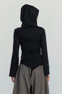 RUCHED HOODED TOP -BLACK
