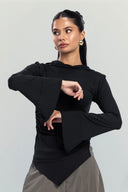 RUCHED HOODED TOP -BLACK