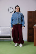 LAYERED LINEN BALLOON PANTS -MAROON