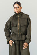 DRAWSTRING SUEDE JACKET -OLIVE