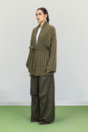 OPENWORK KNIT CARDIGAN -OLIVE