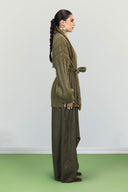 OPENWORK KNIT CARDIGAN -OLIVE