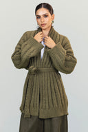 OPENWORK KNIT CARDIGAN -OLIVE