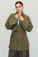 OPENWORK KNIT CARDIGAN -OLIVE