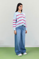 HERITAGE STRIPE POLO KNIT PULLOVER -BABY BLUE