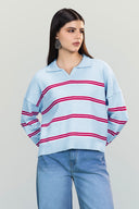 HERITAGE STRIPE POLO KNIT PULLOVER -BABY BLUE
