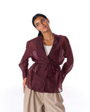 Sheer V-Neck SHIRT -MAROON