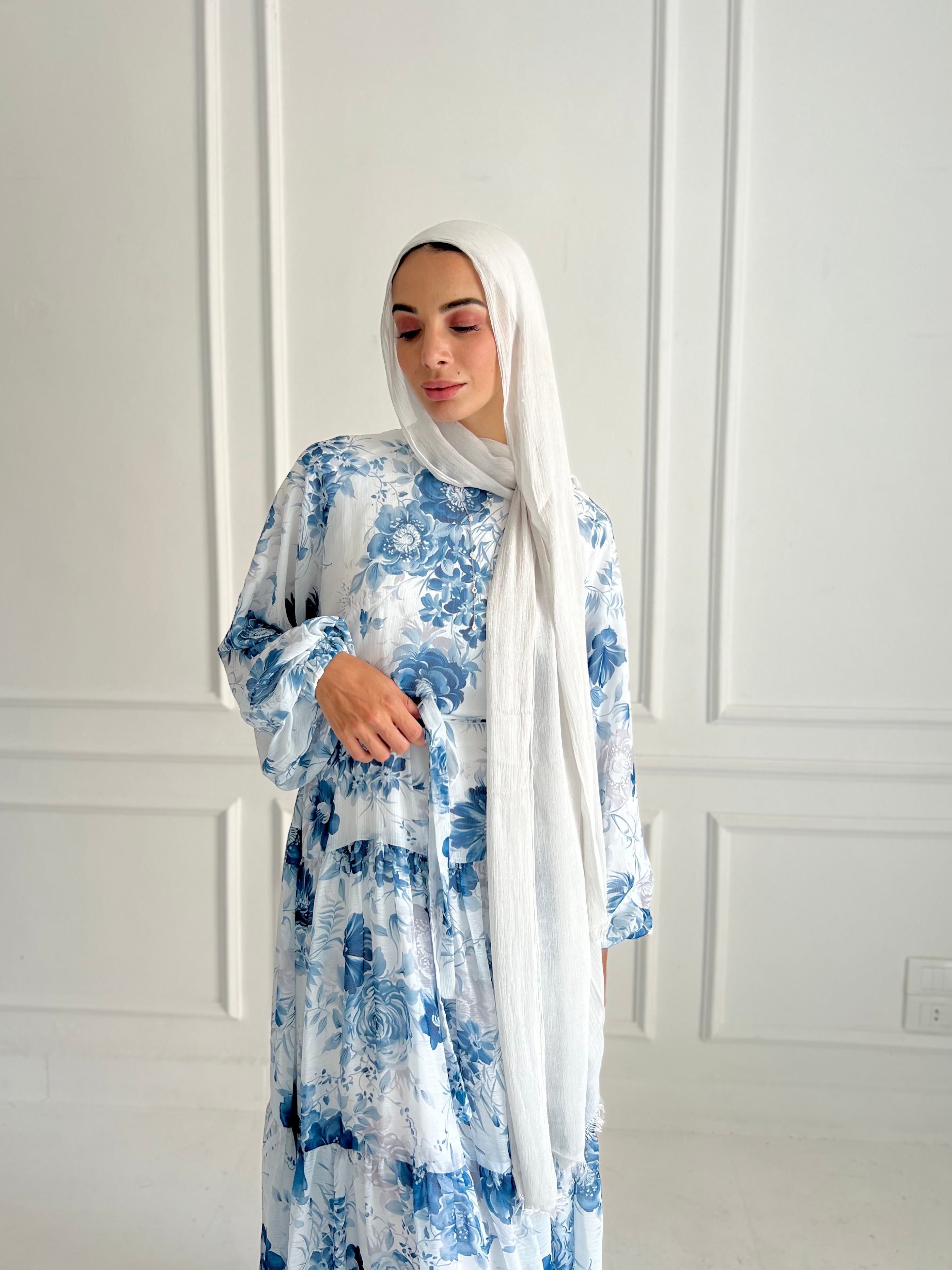 FLOWERED CHIFFON DRESS-BABY BLUE