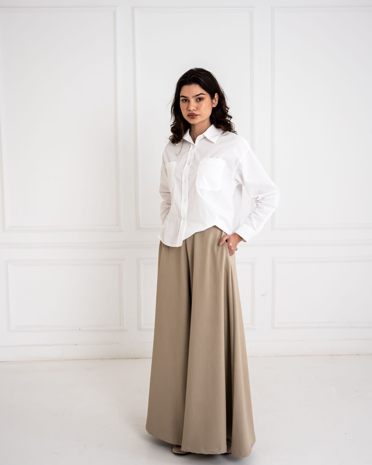 PLAIN WIDE LEG PANTS-CAFE