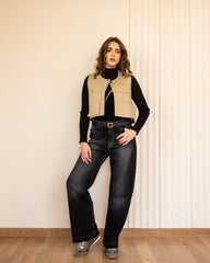 WIDE LEG FRINGE DENIM PANTS-BLACK